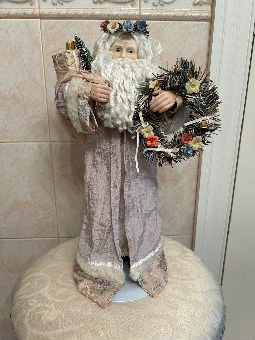 Classic Pink and Cream Santa Holiday Figure with Wreath